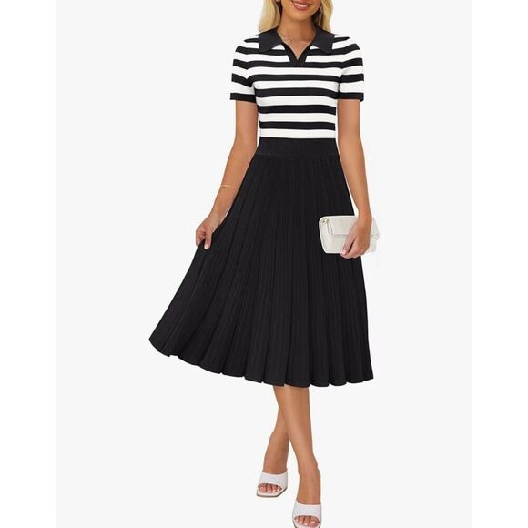 NEW Striped Ribbed Knit Elastic High Waist Pleated Midi Dress XL - Picture 1 of 7